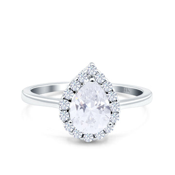 14K White Gold Teardrop Halo Art Deco Pear Ring Simulated Cubic Zirconia Wedding Engagement Ring